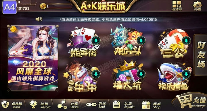 AK娱乐金币电玩+房卡模式好友约局游戏完整版-ASP300源码